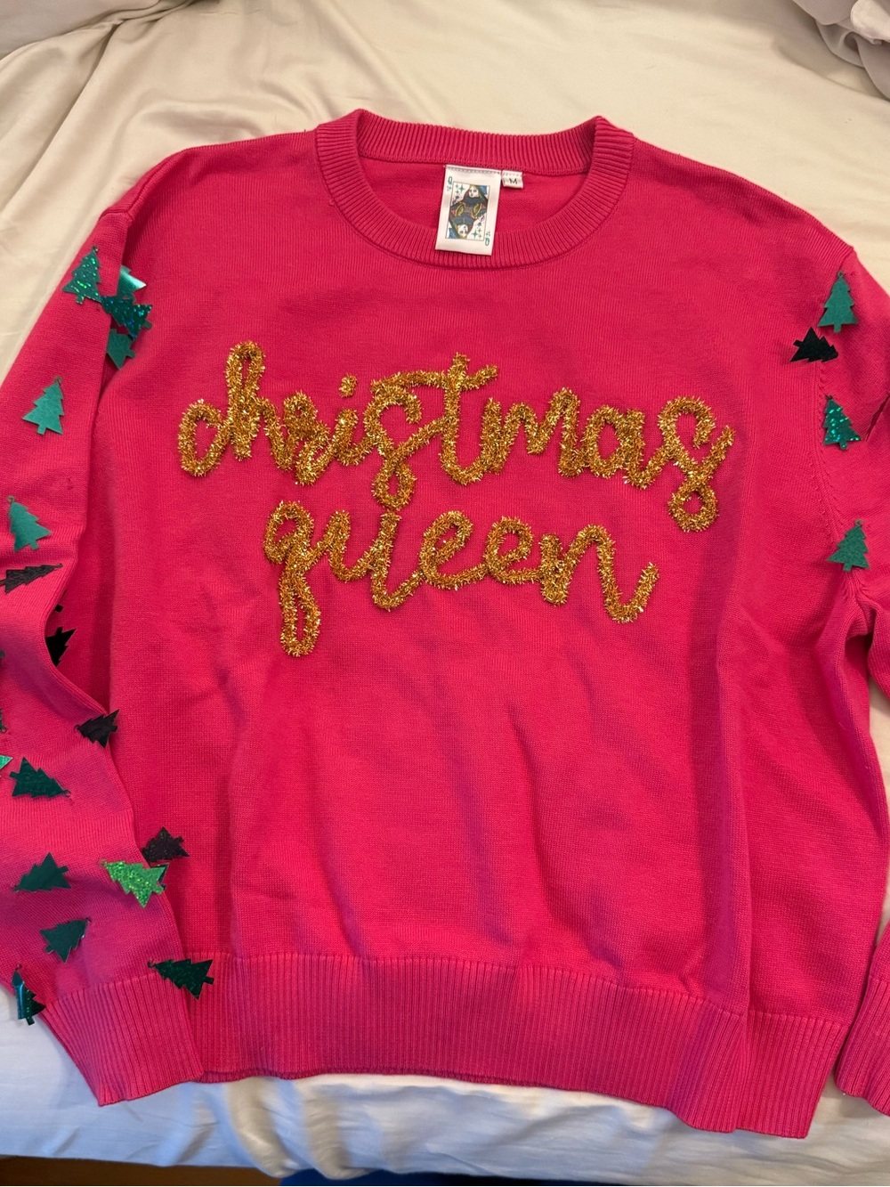 QUEEN OF SPARKLES Hot Pink Crewneck Sweater with Gold Glitter Script